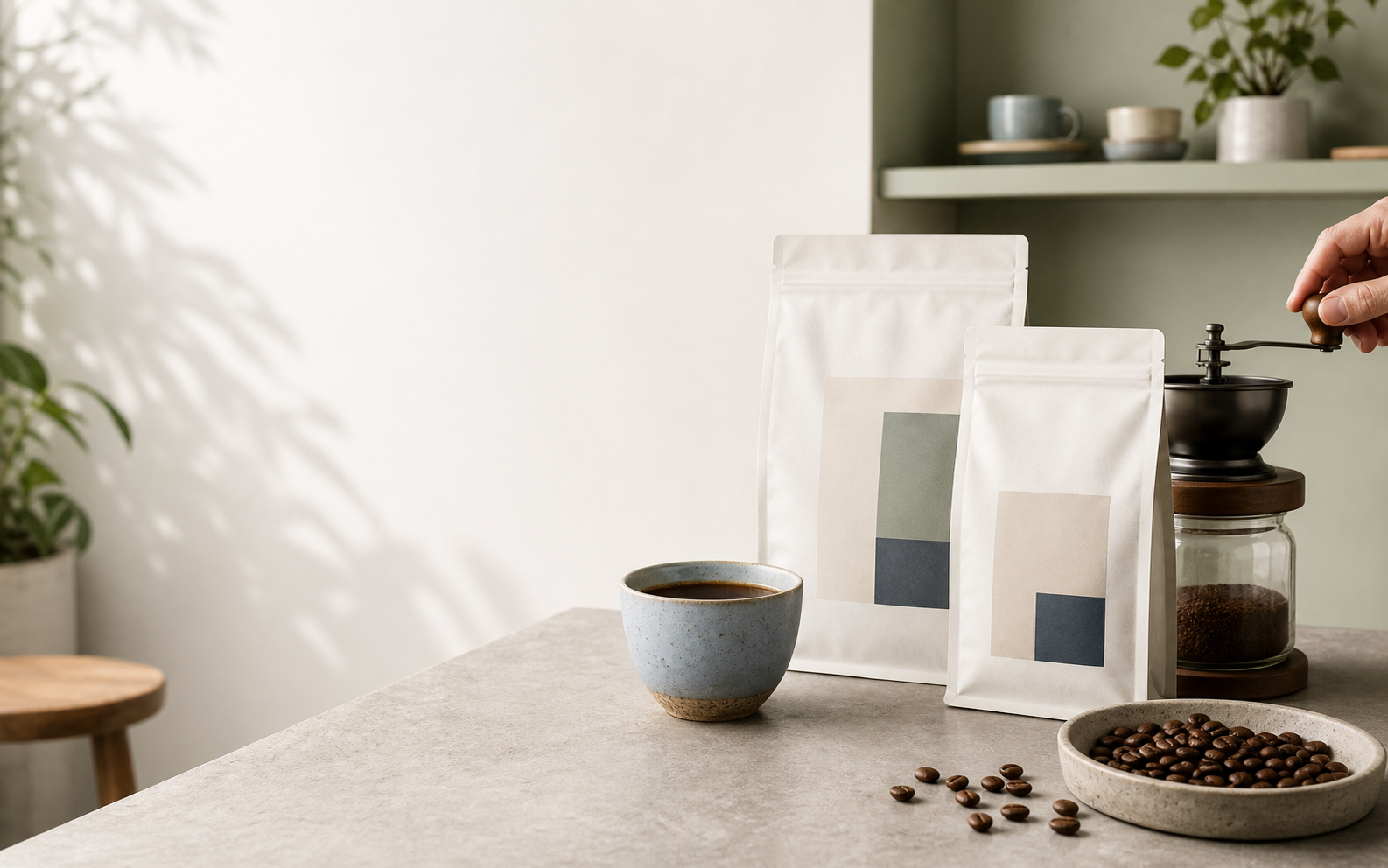 Coffee bags, cup, grinder, and beans on a bright roastery table